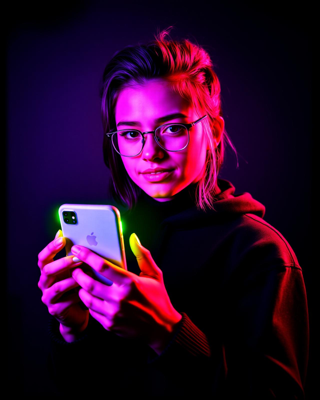 Creator confidently holding phone, lit with magenta and lime studio lighting